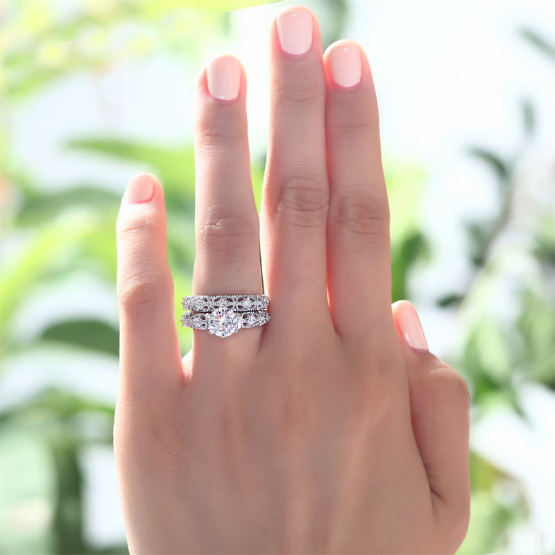 Vintage Victorian Art Deco 1.25 Carat Simulated Diamond 2-Pcs Ring Set - View 2 | SelinJewels