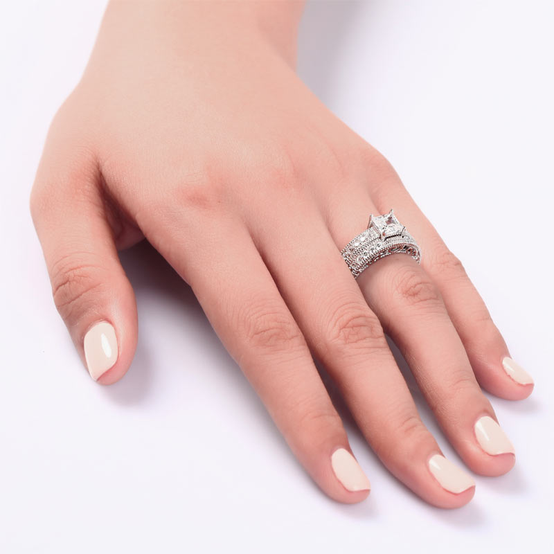 Vintage Style Victorian Art Deco 1 Carat Simulated Diamond Solid Sterling 925 Silver 2-Pc Wedding Engagement Ring Set