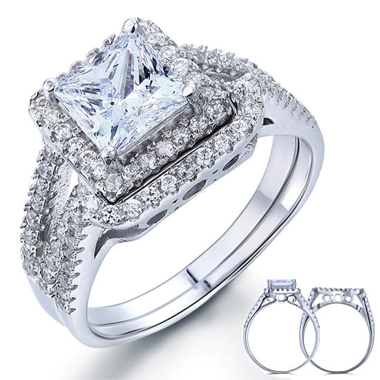 1.5 Carat Princess Simulated Diamond 925 Sterling Silver Wedding Engagement Ring Set | SelinJewels