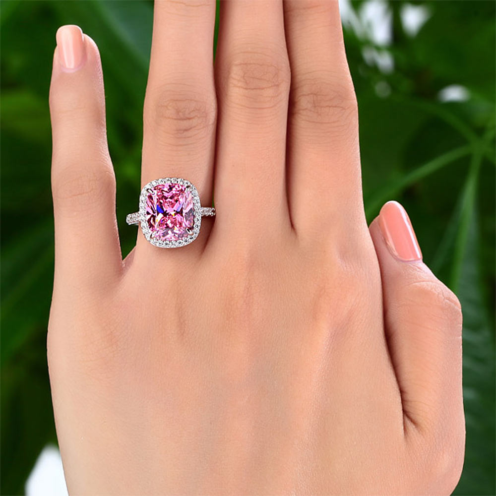 925 Sterling Silver Luxury Engagement Ring 6 Ct Cushion Fancy Pink Simulated Diamond