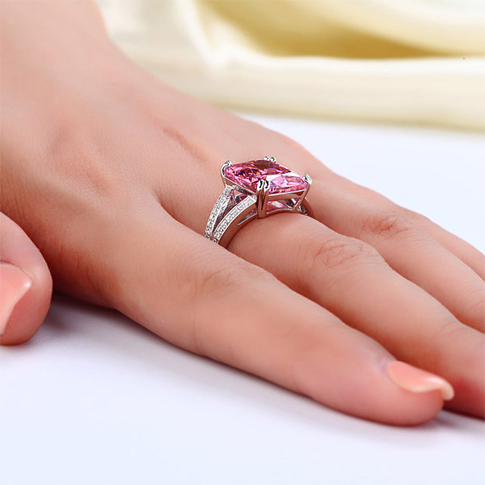 925 Sterling Silver Luxury Ring 6 Carat Fancy Pink Simulated Diamond Radiant Cut
