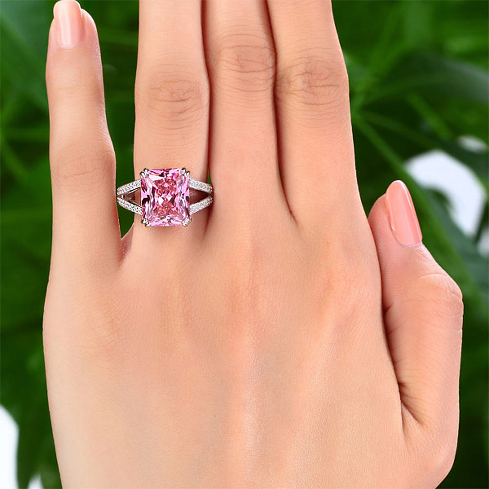 925 Sterling Silver Luxury Ring 6 Carat Fancy Pink Simulated Diamond Radiant Cut