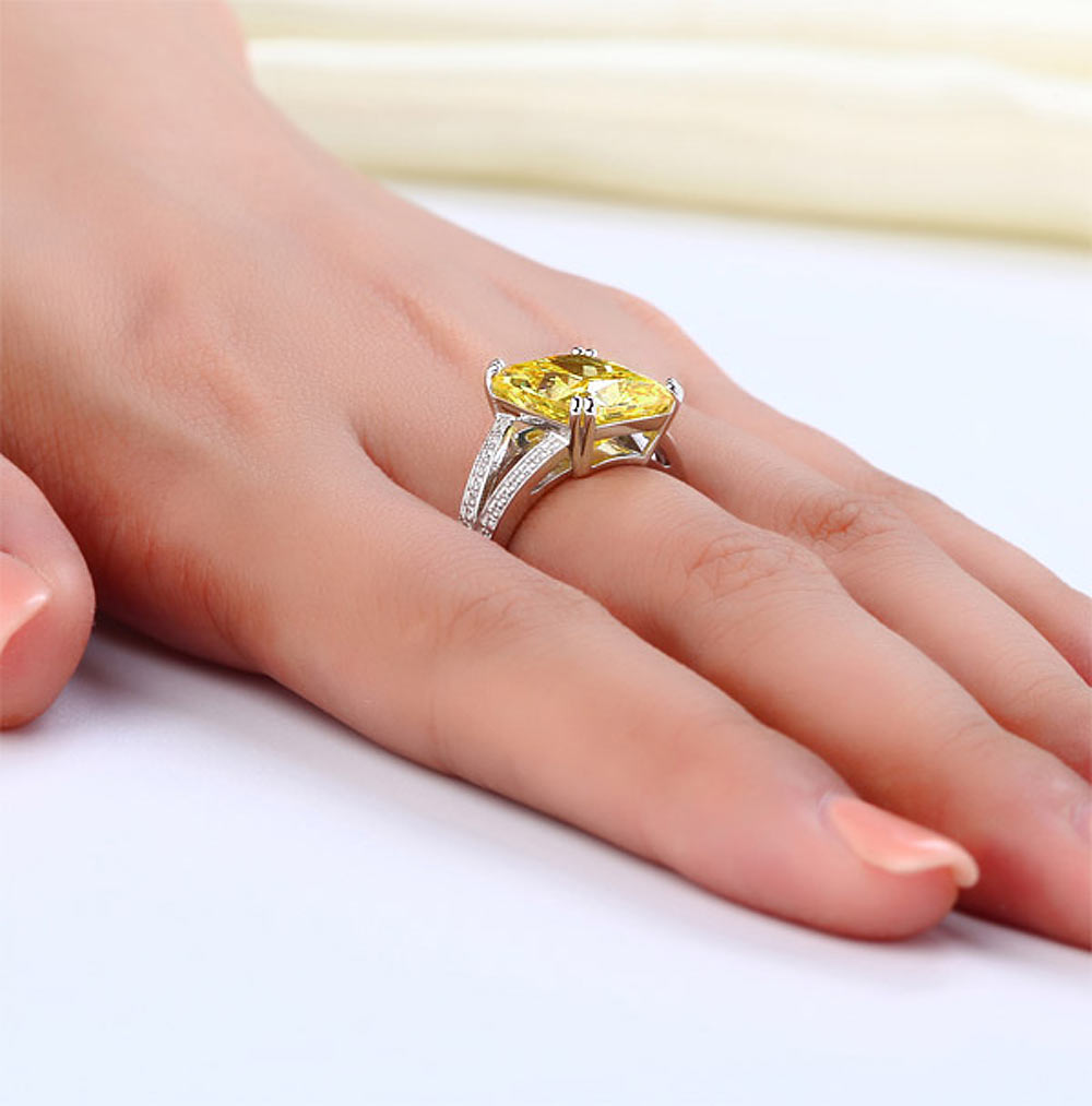 925 Sterling Silver Luxury Ring 6 Carat Fancy Yellow Simulated Diamond Radiant Cut