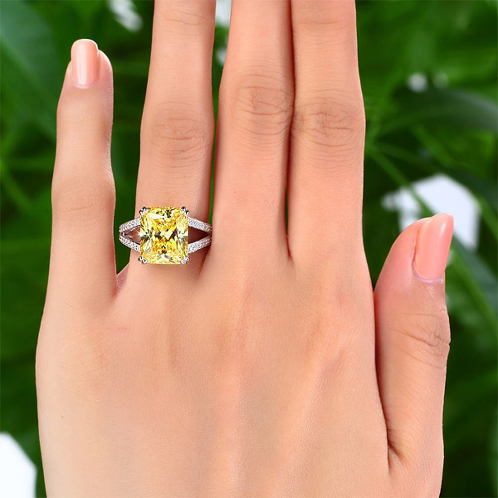 925 Sterling Silver Luxury Ring 6 Carat Fancy Yellow Simulated Diamond Radiant Cut