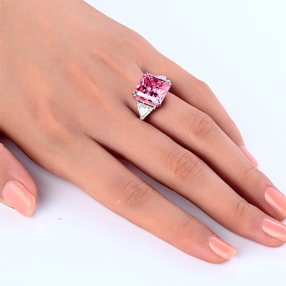 925 Sterling Silver Three-Stone Luxury Ring 8 Carat Fancy Pink Simulated Diamond