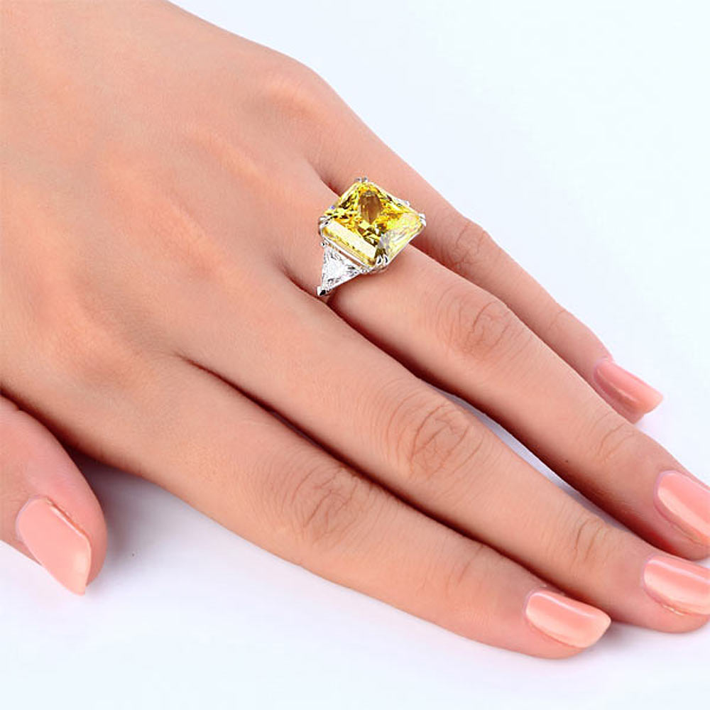 Solid 925 Sterling Silver Three-Stone Luxury Ring 8 Carat Yellow Canary Simulated Diamond