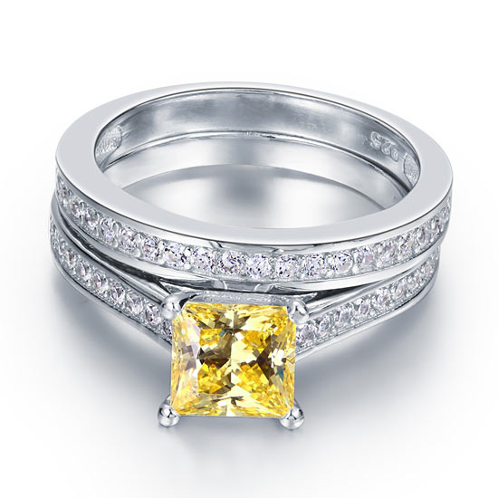 1.5 Ct Princess Cut Yellow Canary 2-Pcs Ring Set - View 3 | SelinJewels
