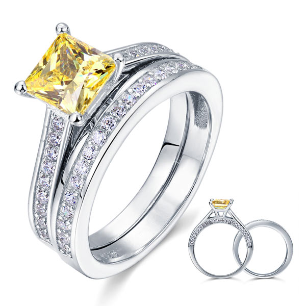 1.5 Ct Princess Cut Yellow Canary Solid 925 Sterling Silver 2-Pcs Wedding Ring Set | SelinJewels