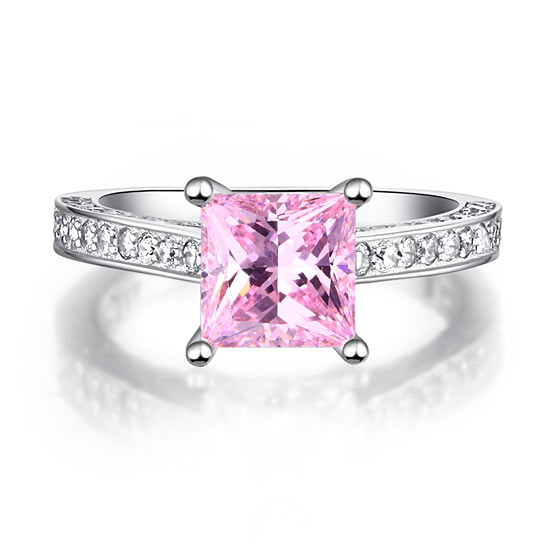 1.5 Carat Princess Cut Fancy Pink Simulated Diamond Engagement Ring - View 3 | SelinJewels