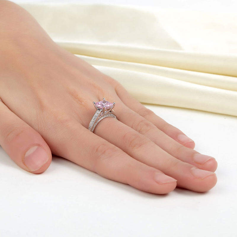 1.5 Carat Princess Cut Fancy Pink Simulated Diamond Engagement Ring - View 2 | SelinJewels