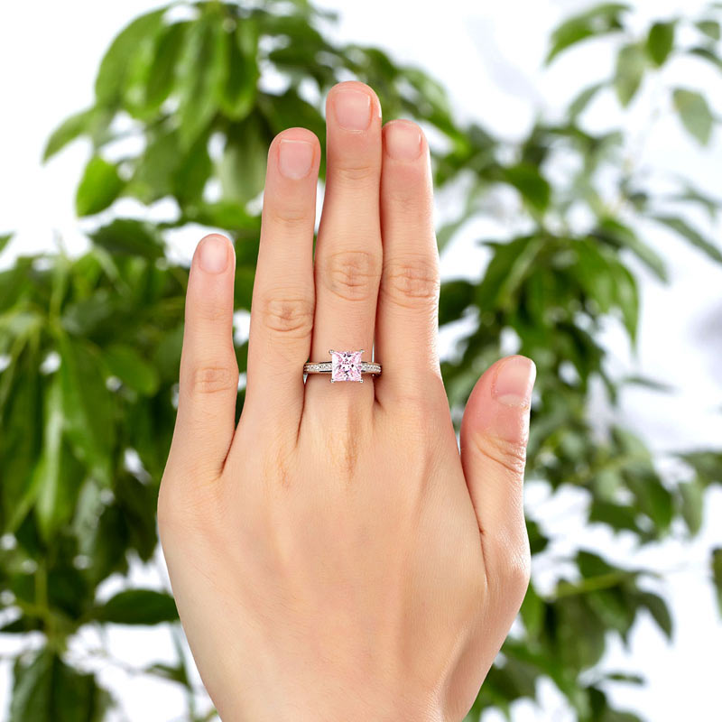 1.5 Carat Princess Cut Fancy Pink Simulated Diamond 925 Sterling Silver Wedding Engagement Ring