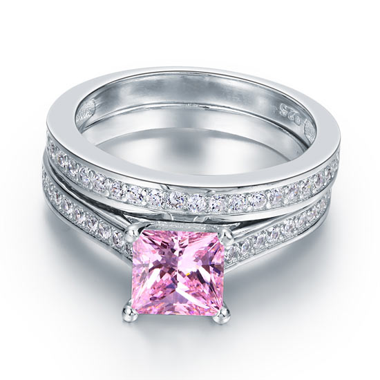 1.5 Carat Princess Cut Fancy Pink 2-Pc Ring Set - View 3 | SelinJewels