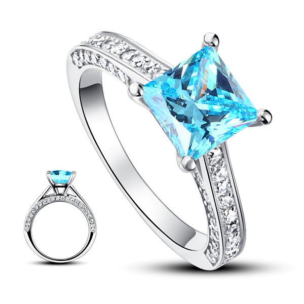 1.5 Carat Princess Cut Fancy Blue Simulated Diamond 925 Sterling Silver Engagement Ring | SelinJewels