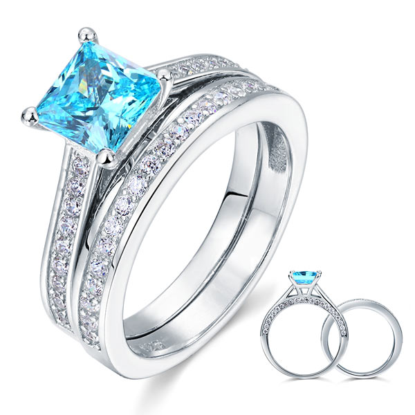 1.5 Carat Princess Cut 2-Pcs Fancy Blue Simulated Diamond 925 Sterling Silver Ring Set | SelinJewels