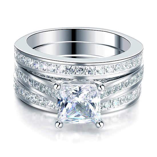 925 Sterling Silver 3-Pcs Wedding Engagement Ring Set - View 3 | SelinJewels