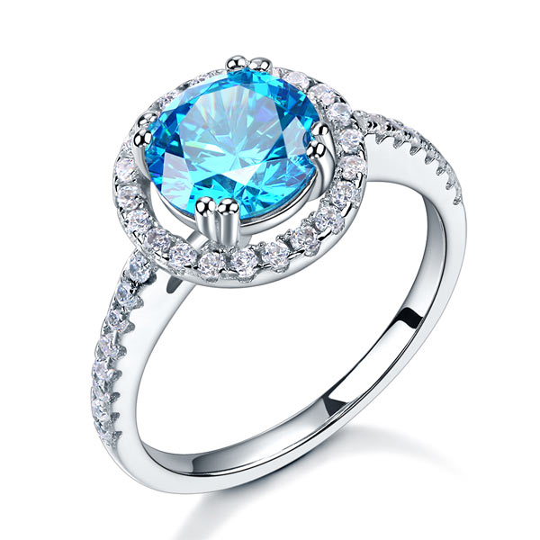 925 Sterling Silver Halo Ring 2 Carat Fancy Blue Simulated Diamond | SelinJewels