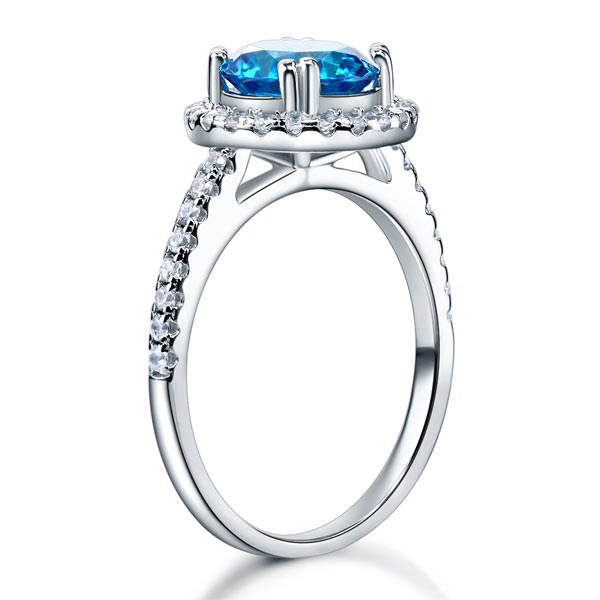 925 Sterling Silver Halo Ring Fancy Blue Simulated Diamond - View 5 | SelinJewels