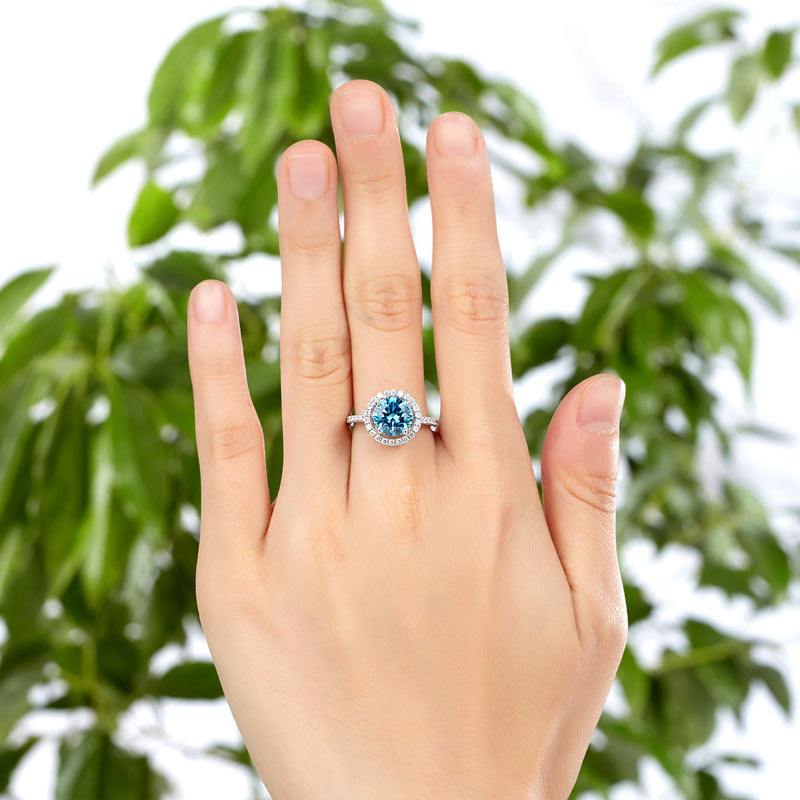 925 Sterling Silver Halo Ring Fancy Blue Simulated Diamond - View 2 | SelinJewels
