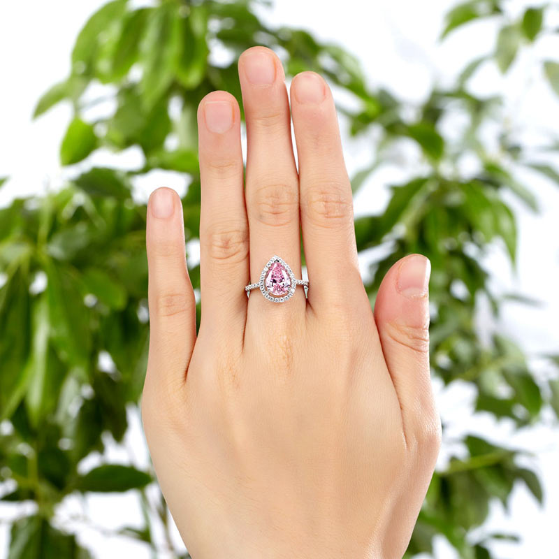 The Blush Set - pink pear ring hand view
