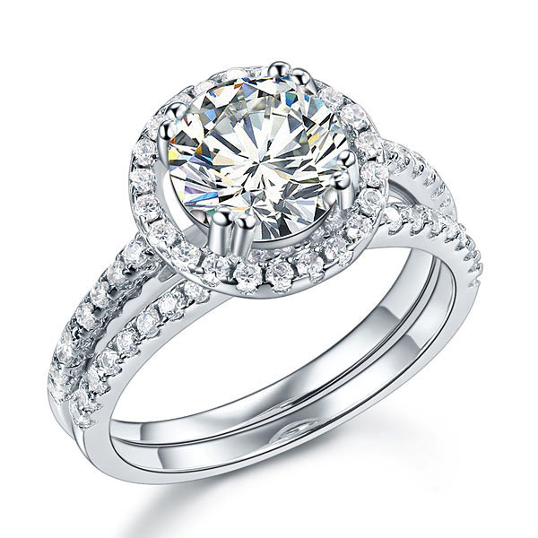 925 Sterling Silver Wedding Halo Ring Set - View 7 | SelinJewels