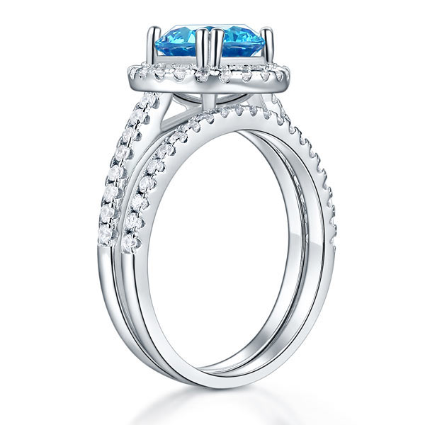 925 Sterling Silver Halo Ring Set Blue Diamond - View 4 | SelinJewels