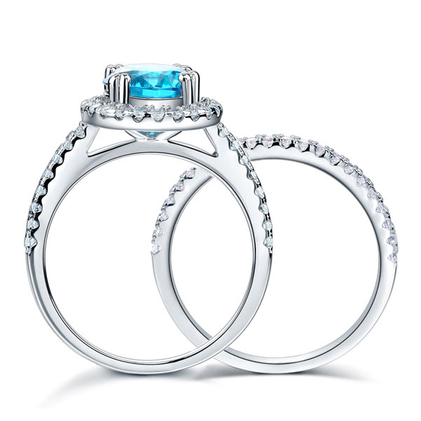925 Sterling Silver Halo Ring Set Blue Diamond - View 5 | SelinJewels