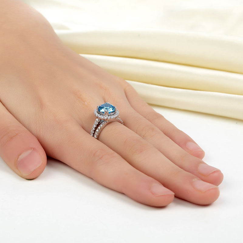 925 Sterling Silver Halo Ring Set Blue Diamond - View 6 | SelinJewels