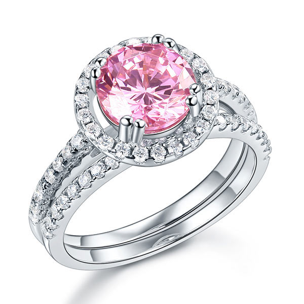 925 Sterling Silver Halo Ring Set Pink Diamond - View 7 | SelinJewels