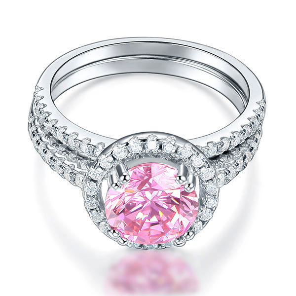 925 Sterling Silver Halo Ring Set Pink Diamond - View 3 | SelinJewels