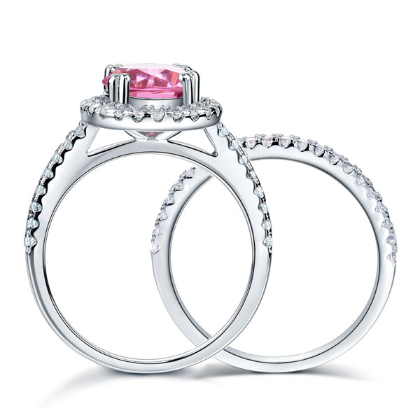 925 Sterling Silver Halo Ring Set Pink Diamond - View 5 | SelinJewels
