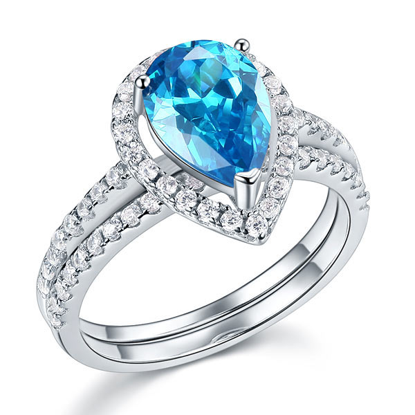 Sterling Silver Bridal Ring Set Pear Blue Diamond - View 7 | SelinJewels