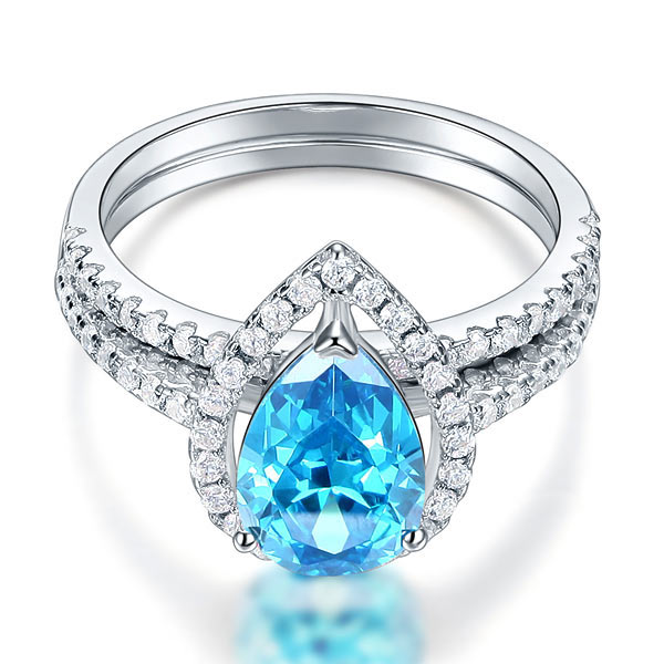 Sterling Silver Bridal Ring Set Pear Blue Diamond - View 3 | SelinJewels
