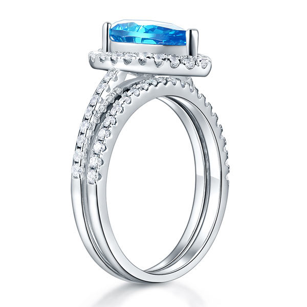 Sterling Silver Bridal Ring Set Pear Blue Diamond - View 4 | SelinJewels