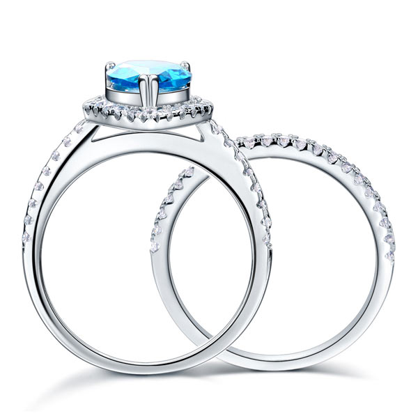Sterling Silver Bridal Ring Set Pear Blue Diamond - View 5 | SelinJewels