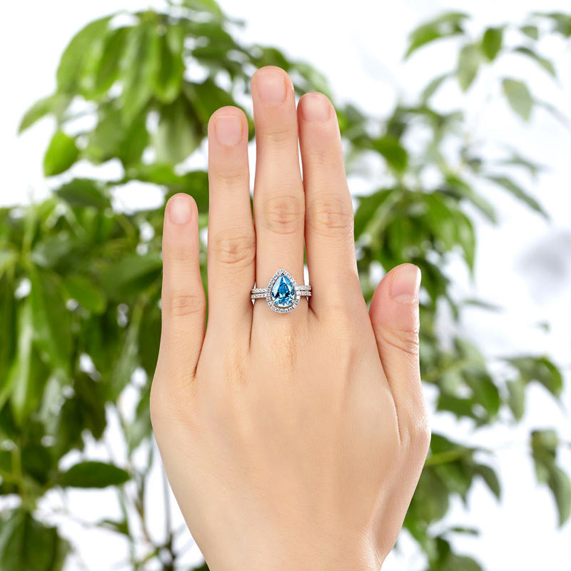 Sterling Silver Bridal Ring Set Pear Blue Diamond - View 2 | SelinJewels