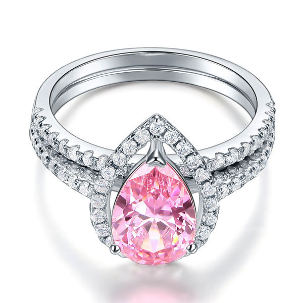 Sterling Silver Bridal Ring Set Pear Pink Diamond - View 4 | SelinJewels