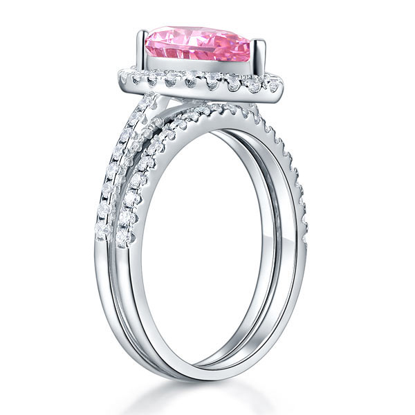 Sterling Silver Bridal Ring Set Pear Pink Diamond - View 5 | SelinJewels