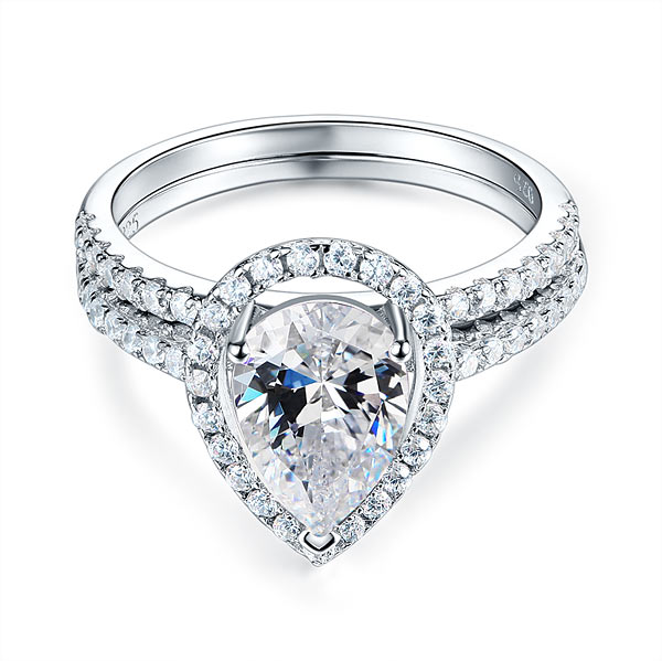 Solid Sterling Silver Bridal Pear Ring Set - View 3 | SelinJewels