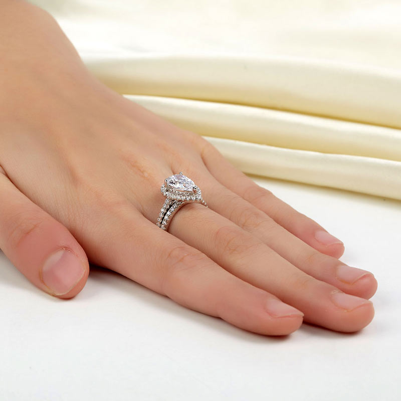 Solid Sterling 925 Silver Bridal Wedding Promise Engagement Ring Set 2 Ct Pear Jewelry