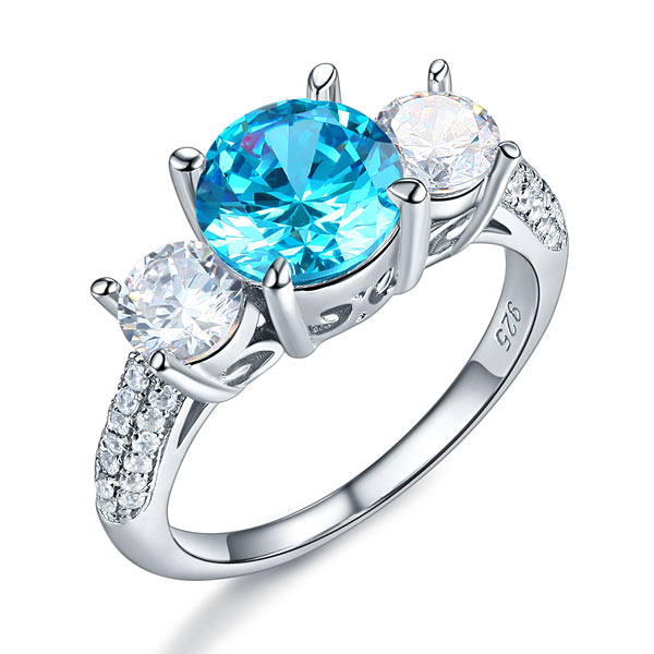 925 Sterling Silver 3-Stone Bridal Ring 2 Carat Blue Diamond Vintage Style | SelinJewels