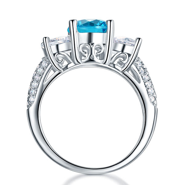 925 Sterling Silver 3-Stone Blue Diamond Bridal Ring - View 3 | SelinJewels