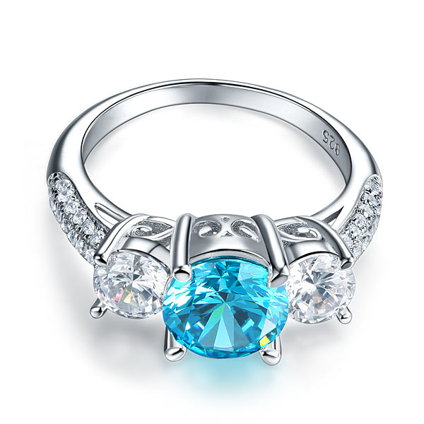 925 Sterling Silver 3-Stone Blue Diamond Bridal Ring - View 4 | SelinJewels