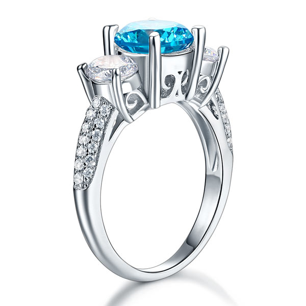 925 Sterling Silver 3-Stone Blue Diamond Bridal Ring - View 5 | SelinJewels