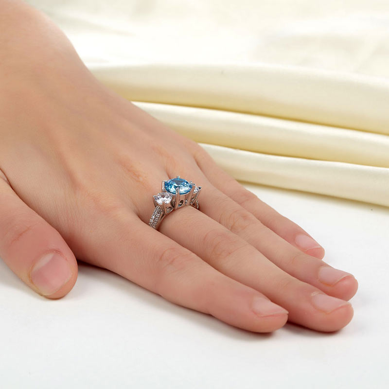 925 Sterling Silver 3-Stone Blue Diamond Bridal Ring - View 2 | SelinJewels