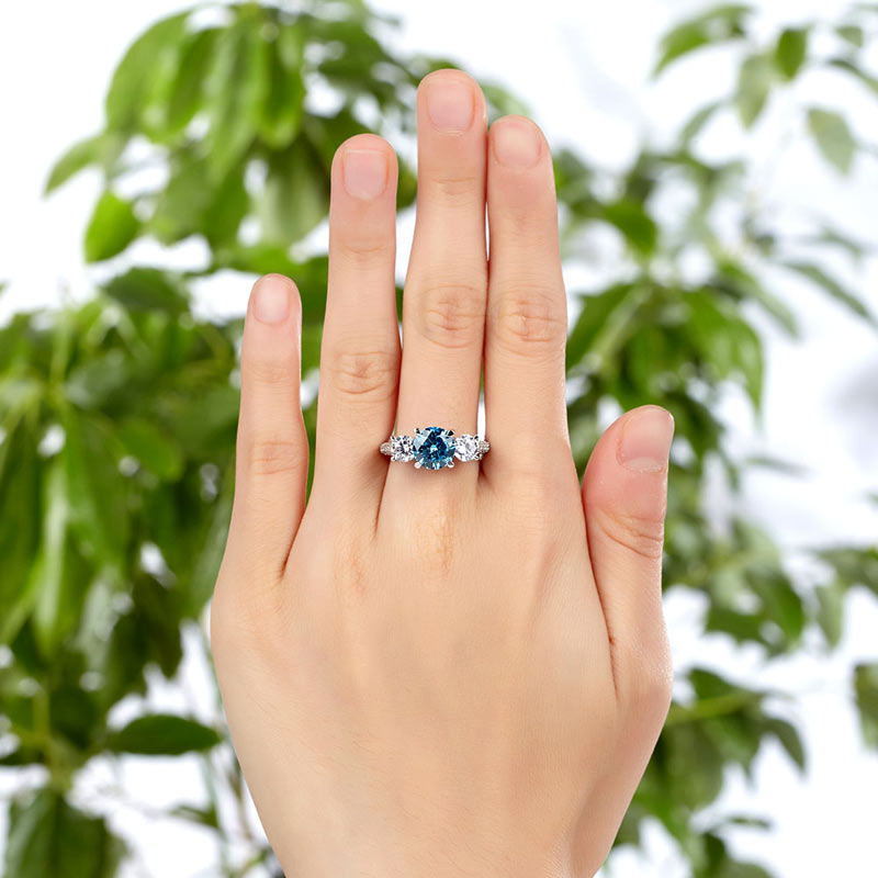 925 Sterling Silver 3-Stone Blue Diamond Bridal Ring - View 6 | SelinJewels