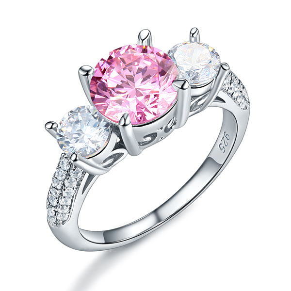 925 Sterling Silver 3-Stone Wedding Ring 2 Carat Fancy Pink Diamond Vintage Style | SelinJewels