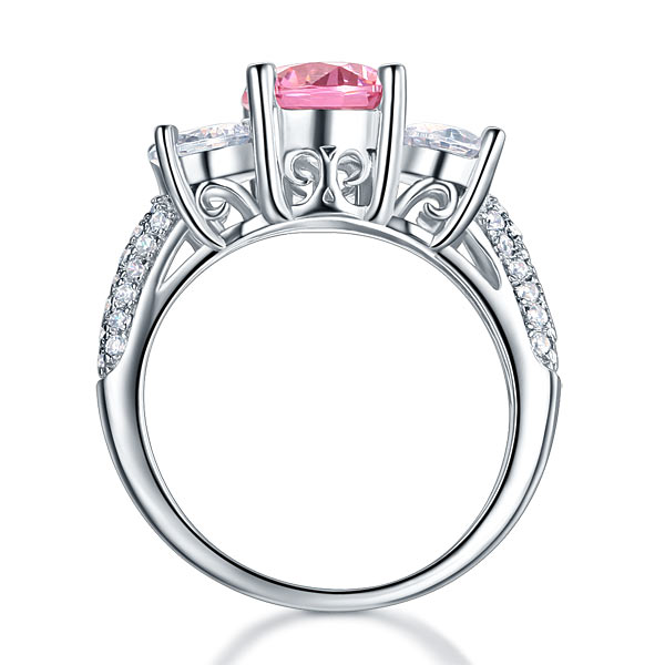 925 Sterling Silver 3-Stone Pink Diamond Ring Vintage - View 3 | SelinJewels