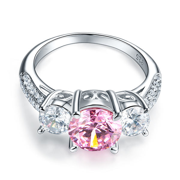 925 Sterling Silver 3-Stone Pink Diamond Ring Vintage - View 4 | SelinJewels