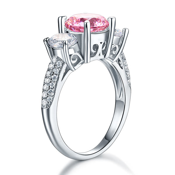 925 Sterling Silver 3-Stone Pink Diamond Ring Vintage - View 5 | SelinJewels
