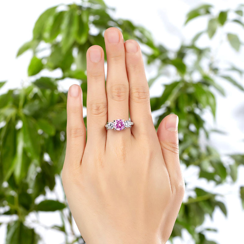 925 Sterling Silver 3-Stone Pink Diamond Ring Vintage - View 6 | SelinJewels
